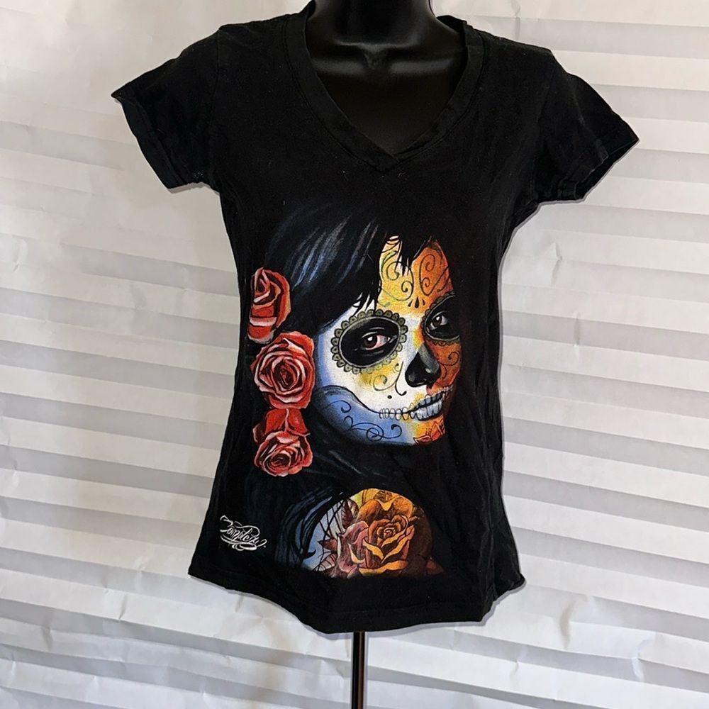 Complex Women’s Black Cap Sleeve T-Shirt Size Small Day of the Dead Graphic Tee